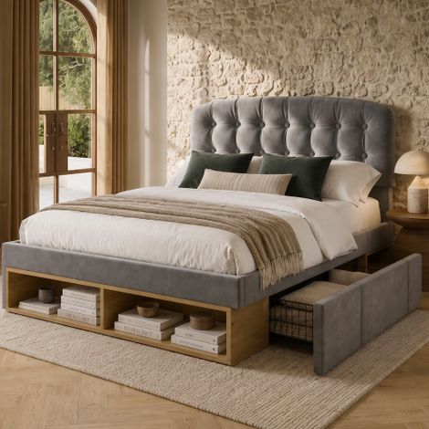 Letto matrimoniale 140x190 imbottito in velluto grigio con rete a doghe, struttura del letto con testiera curva regolabile in altezza, letto con cassetti e vano contenitore, letto imbottito per camera (1/5)