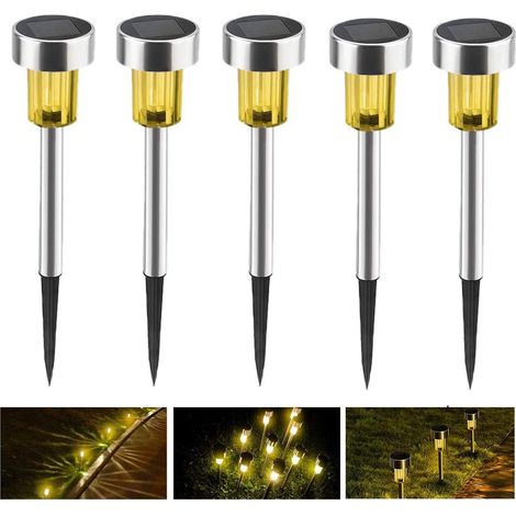 Lampe solaire de jardin à 5 LED, borne lumineuse en acier inoxydable à économie d'énergie, étanche (blanc chaud) - RW
