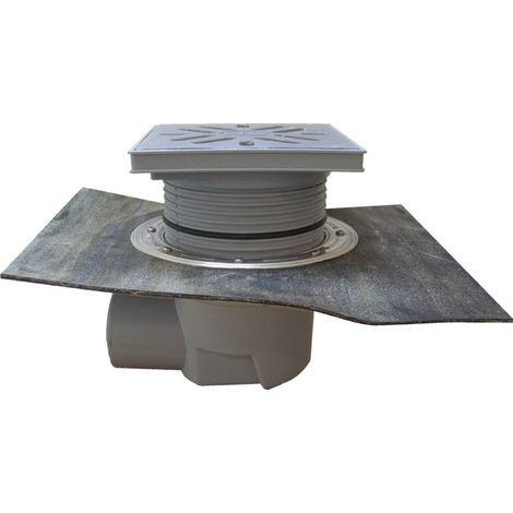 Scarico orizzontale 'Perfekt' DN110, foglio bitumato saldato, portagriglia plastica 240x240mm, griglia inox 226x226mm, raccoglis
