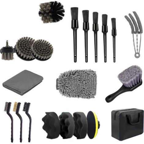 21-teiliges Autoreinigungsset, bestehend aus Bürsten, einer Autowaschbohrmaschine, Reinigungsbürsten und einem Detailbürstenset.
