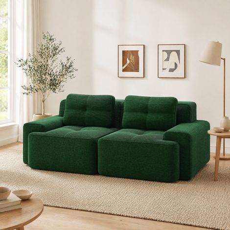 Divano modulare senza braccioli in velluto verde, 2 posti, basso e profondo, OKWISH (1/5)