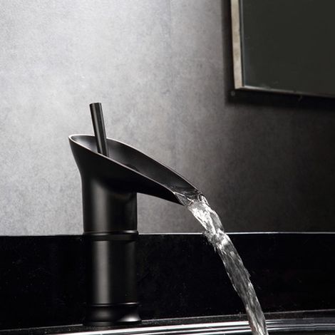 Robinet de salle de bain cascade, robinet de salle de bain noir, robinet de lavabo cascade avec cascade chaude et froide, robinet de lavabo en laiton élégant (nain noir antique) (1/4)