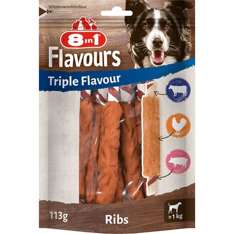 8in1 Triple Flavour Costolette, per cani di tutte le taglie, di pelle suina e bovina masticabile & petto di pollo, 5 pz. (1/5)