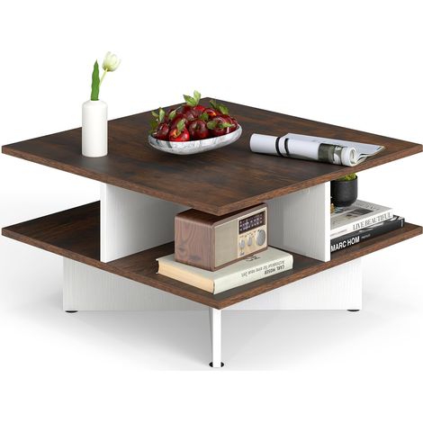COSTWAY Tavolino da Caffè a 2 Livelli, Tavolo da Salotto con 4 Scomparti per Storage e Base a Croce, Tavolo Moderno per Studio, Ufficio e Soggiorno, Marrone e Bianco (1/5)