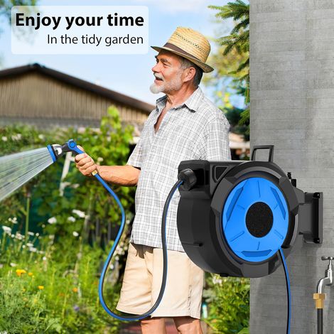 Enrouleur de tuyau retractable 30M+2M  1/2 po Dévidoir Automatique,  support pivotant a 180°, tuyau dearrosage mural avec Pistolet Arrosage 10 Buse, rembobinage automatique (1/5)