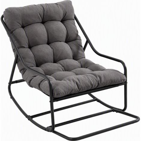 Fauteuil à bascule d'extérieur, structure noire, coussin gris, moelleux et confortable, pour salon, chambre ou lecture (1/5)