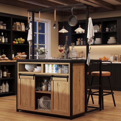 Meuble de cuisine 107/62/183 cm en finition bois avec prises intégrées et étagère murale (1/5)
