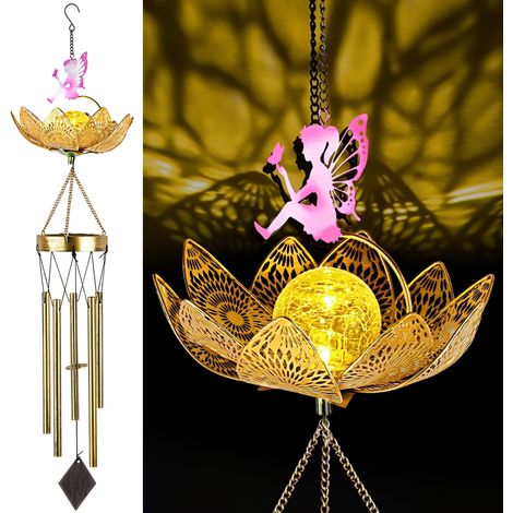 Carillon a vento da esterno ad energia solare, carillon a vento a forma di loto con LED a luce calda, 5 tubi in metallo, regalo di compleanno per donne, decorazioni per giardino, terrazzo e cortile pe