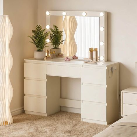 Tocador 110/39,5/140,5 cm blanco con espejo LED, 7 cajones y enchufes integrados (1/5)