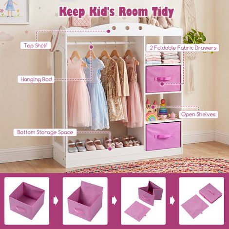 Meuble blanc pour enfant avec miroir pleine longueur, étagères ouvertes, tringle et 2 tiroirs en tissu pour chambre et salle de jeux (1/5)