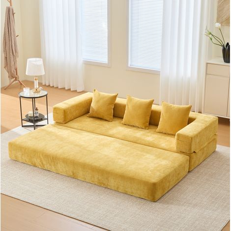 Canapé convertible modulaire en chenille jaune moutarde avec poches latérales (1/5)