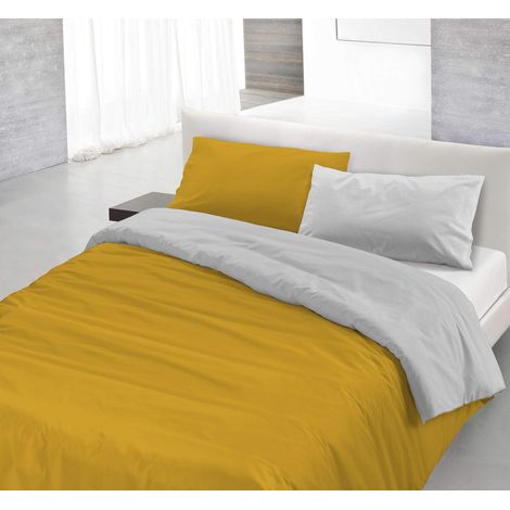 Italian Bed Linen Parure Copri Piumino Natural Color, Senape/Grigio Chiaro, Una Piazza e Mezza (1/4)