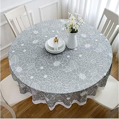 Nappe Toile cirée PVC Ronde,avec Motif Floral et Dentelle,Nappe Ronde Anti Tache Impermeable Nappe de Table Toile Cirée de Salle à Manger,pour Salle à Manger,Jardin,Café,Fête (Gris,137cm) GROOFOO