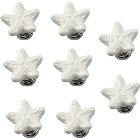 Lot de 8 poignées de tiroir en céramique blanche étoilée, base en alliage de zinc - pour commode, placard, penderie. - Blanc - Blanc (1/4)