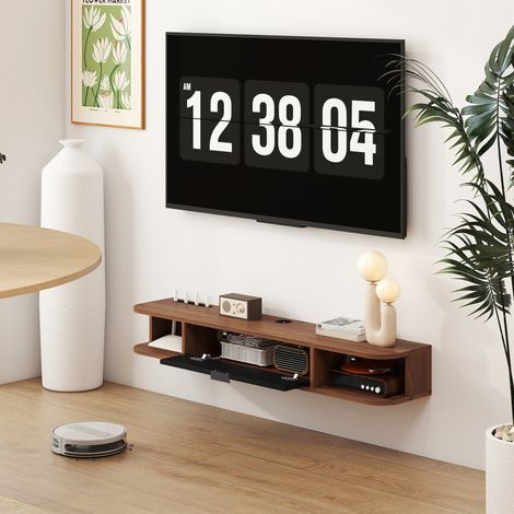 Meuble TV mural (jusqu'à 50") avec tiroir, 2 étagères ouvertes et passe-câbles – 120 x 24 x 16 cm, Noyer (1/5)