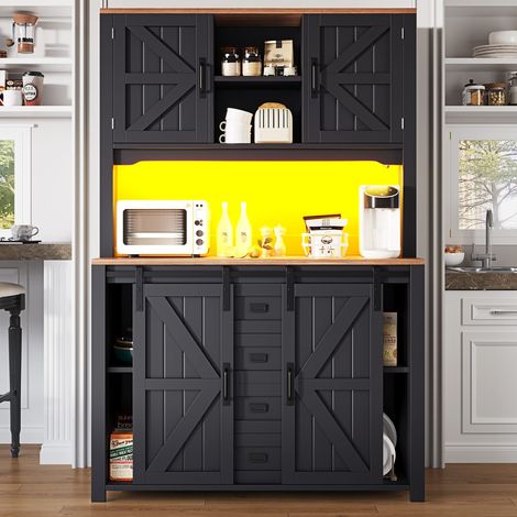 Meuble de cuisine haut, avec portes coulissantes et éclairage led, dimensions 115 x 40 x 174,7 cm, noir et blanc (1/5)