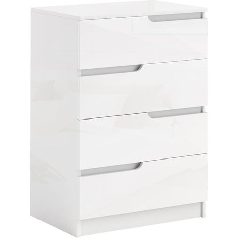 Commode et penderie blanche en bois moderne avec 4 tiroirs, équipée d’un système anti-basculement et de patins de protection sous les pieds