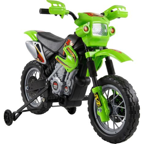 Moto électrique pour enfants, motocross avec batterie 6V, phare, musique et stabilisateurs, pour les enfants de 3 à 6 ans, capacité de charge 25 kg, verte et noire (1/5)