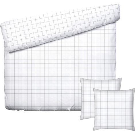 Parure de lit 3 Pièces 2 Personnes - Housse de Couette 240x220 cm et 2 Taie Oreiller 63x63 cm – 100% Satin de Coton, 80 Fils - Léana – Blanc et Taupe (1/5)