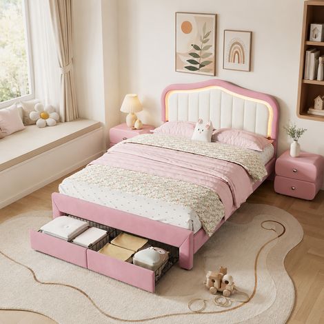 Lit enfant 140 x 200 cm, cadre de lit avec rangement, 2 tiroirs, éclairage LED, tête de lit rembourrée, 2 places, velours, rose (1/5)