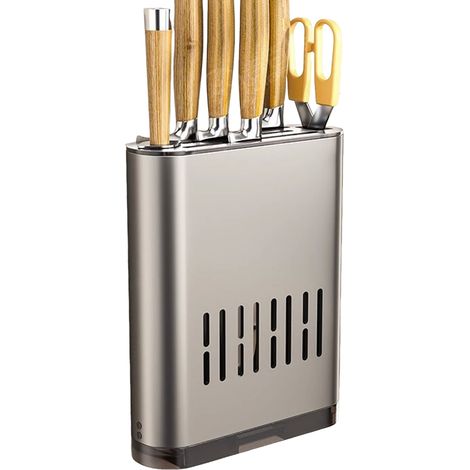 Bloc Couteaux Cuisine Mural, Support Couteaux En Aluminium Avec Bac Égouttoir, Bloc Couteaux Universel Et Porte Ustensiles Cuisine Mural (1/5)