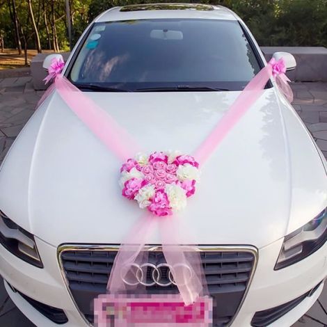 Kit Decoration Voiture Mariage - Fushia Rose Blanc - 8 Pieces - Composition Fleurs Tissu 30 Cm - Tulle 6 M - Fleurs Papier Ruban - 1 Unite (1/4)