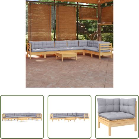 Terrassensofa - 8-tlg. Garten-Lounge-Set mit Grauen Kissen Kiefer Massivholz (1/5)