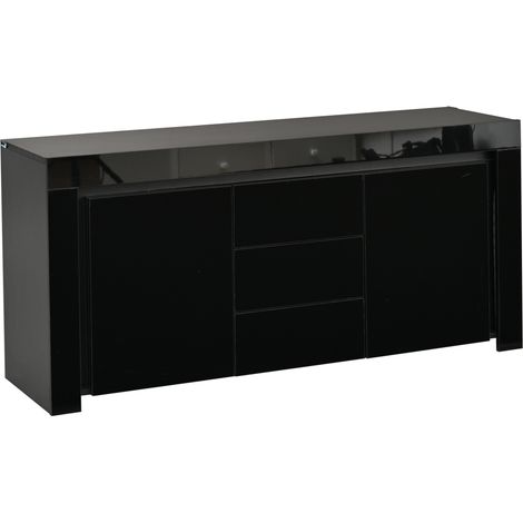 Credenza soggiorno 140 x 40 x 65 cm in MDF nero lucido con 3 cassetti, 2 ante e striscia LED (1/5)