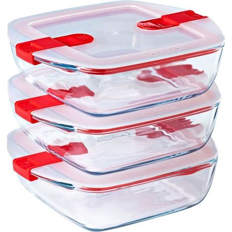 Set mit 3 Lunchboxen - PYREX - Cook & Heat - Glas - Quadratisch - Mikrowellengeeigneter Deckel mit Dampfauslass - 1 L