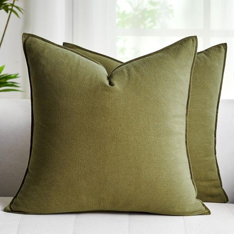 Housse Coussin 45x45 Olive Verte Taie Oreiller en Coton et Lin Bohème Decoratif pour Coussin Canapé Salon Jardin Voiture Fauteuil Lit Chaises, Lot de 2 (1/5)