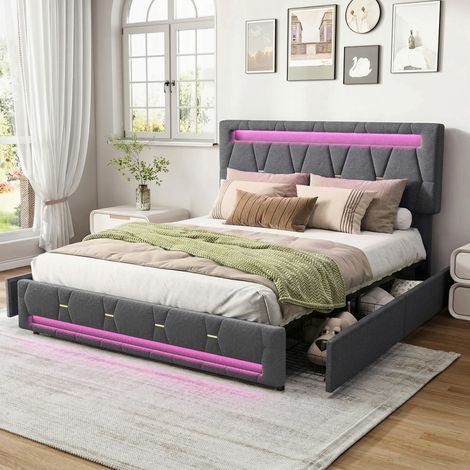 Lit Coffre 160x200 avec LED, 4 Tiroirs de Rangement, Tête de Lit Capitonnée, Ports USB et Type-C,Lit Double Rembourré en Lin Gris, Sans Matelas