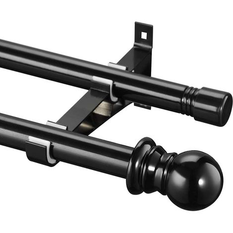 Tringles à Rideaux Double, 71-122 CM Tringle à Rideau Extensible avec Embouts Ronds avec Supports,Noir (1/5)