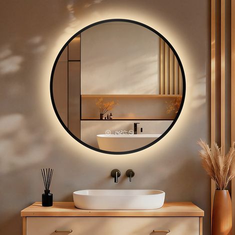 S'AFIELINA Miroir lumineux de salle de bain LED rond éclairé avec interrupteur à bouton tactile Anti-buée Lumière blanche neutre Horloge numérique IP44 (Cadre en métal noir) 60 cm