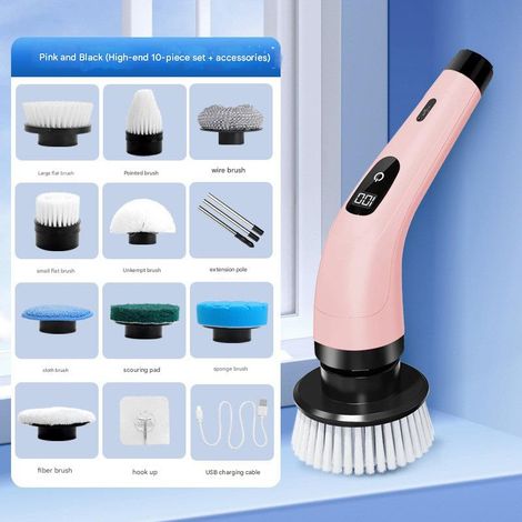 Ensemble de 10 pièces, nettoyeur électrique, brosse de nettoyage sans fil, vitesse sans fil 400 tr/min, chargement USB, 2 vitesses réglables, rose.