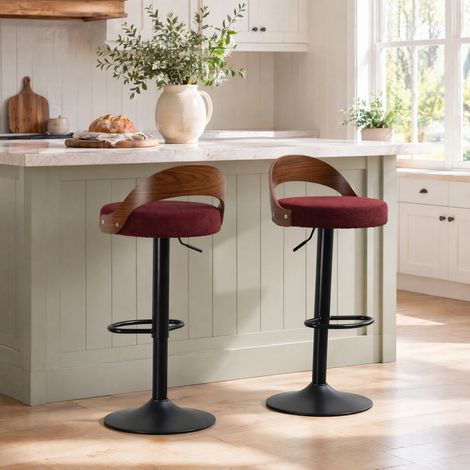Lot de 2 tabourets de bar pivotants, en tissu effet lin, réglables en hauteur, avec dossier, rouge vin (1/5)