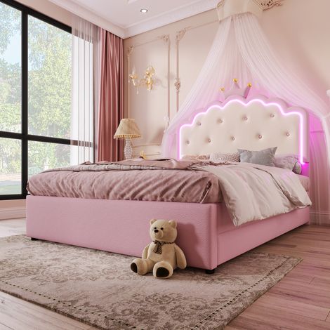 Lit capitonné 140x200 cm, sommier inclus (sans matelas), éclairage d'ambiance avec télécommande, forme couronne, lit escamotable avec 2 tiroirs, revêtement PU, rose (1/5)