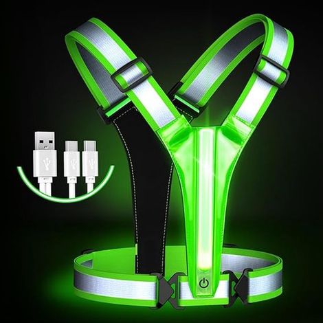 Chaleco de seguridad LED, conjunto de LED para uso diurno y nocturno en motocicleta y ciclismo, coche, chaleco para correr, trotar, verde (1/4)