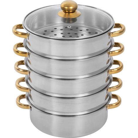 Cuiseur vapeur en acier inoxydable 30 x 47 cm, 5 couches, avec couvercle en verre, pour cuisson à vapeur, plaques de cuisson à gaz, plaques à induction, casserole de 9 l