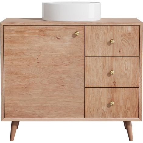 Mobile da bagno in rovere massello con lavabo da appoggio rotondo Naturale chiaro 93 cm - ZARENO (1/4)