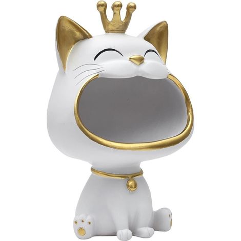 Vide-Poche chat bouche ouverte en polyrésine blanc et dorée