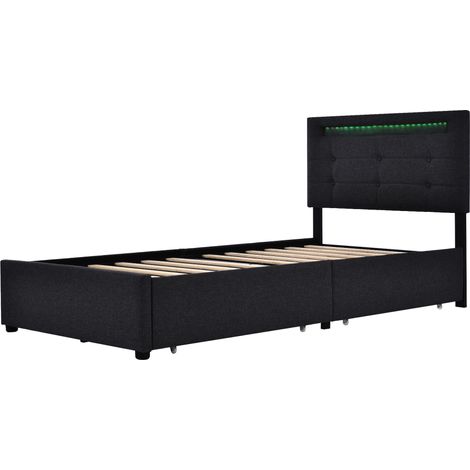 Lit rembourré 90 x 200 cm en lin noir avec LED, avec tiroirs, avec tête de lit réglable (1/5)