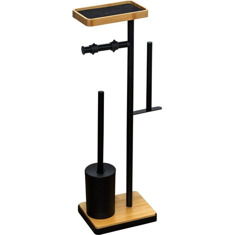Support NOWRA avec porte-papier toilette et brosse WC, carré, noir/chêne (1/2)