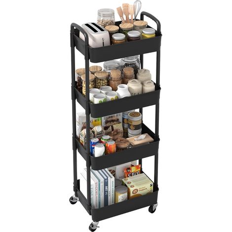 Chariot de Rangement 4 Niveaux - Plastique et Métal - Mobile avec Roues Pivotantes - Cuisine Salon Bureau - Noir 39x29x104cm (1/5)