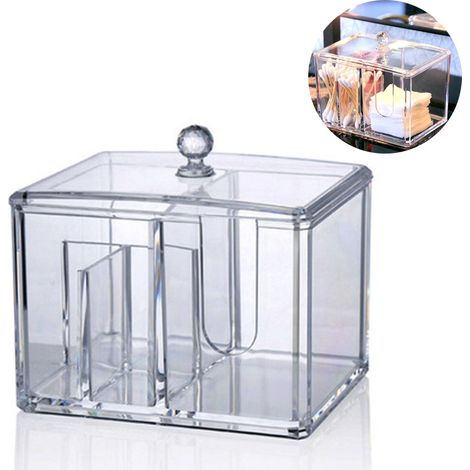 Distributeur de disques de coton avec couvercle, rangement pour cotons et cotons-tiges en acrylique transparent, organisateur rond en coton. (1/4)