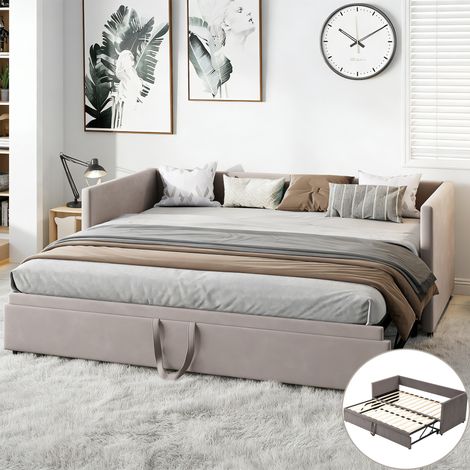 Lit gigogne 90/180x200 cm, canapé-lit extensible avec sommiers à lattes en bois, lits convertible 2 places, lit de repos, avec deuxième lit et cadre de lit rabattable, velours, gris