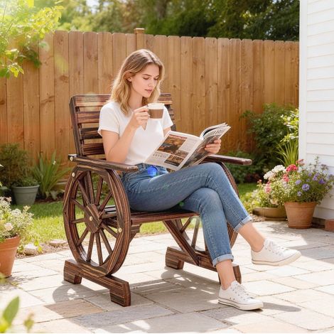 Chaise de jardin en bois au design de roue de charrette, style rustique, couleur charbon (1/5)