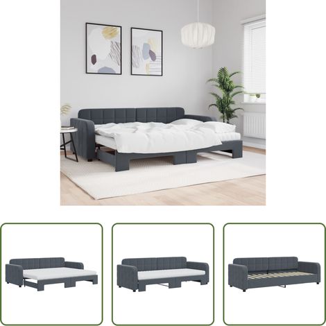 Lit gigogne - Lit de jour avec gigogne et matelas gris foncé 80x200cm velours (1/5)