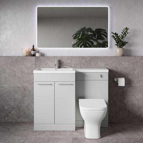Napoli 390 Gloss Grey Pearl 1100mm 2 Door Vanity Unit Toilet Suite with Square Left Hand Lucia Basin - 1100mm - Chrome 160mm HandleWith Kingston Toilet Pan and Seat