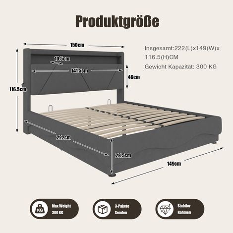 Lit moderne rembourré 140×200cm,tête de lit LED et étagères,rangement inférieur,cadre lattes à gaz silencieux,USB et poches latérales pratiques