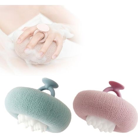 Éponges de bain bleues et roses, 11 cm de diamètre, 2 éponges de bain exfoliantes en mousse à mailles. (1/5)